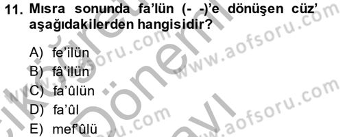 Eski Türk Edebiyatına Giriş: Biçim ve Ölçü Dersi 2014 - 2015 Yılı (Final) Dönem Sonu Sınav Soruları 11. Soru