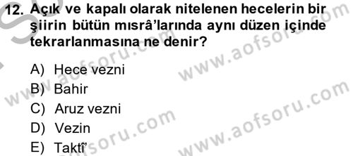 Eski Türk Edebiyatına Giriş: Biçim ve Ölçü Dersi 2014 - 2015 Yılı (Final) Dönem Sonu Sınav Soruları 12. Soru