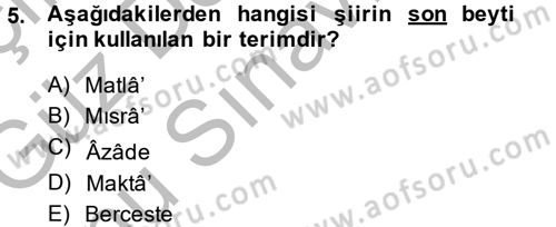 Eski Türk Edebiyatına Giriş: Biçim ve Ölçü Dersi 2014 - 2015 Yılı (Final) Dönem Sonu Sınav Soruları 5. Soru