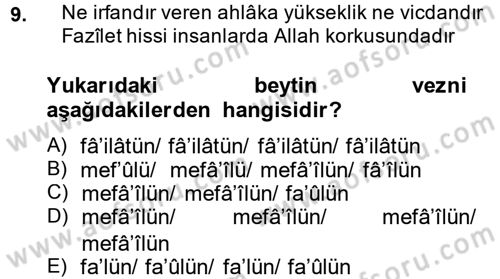 Eski Türk Edebiyatına Giriş: Biçim ve Ölçü Dersi 2014 - 2015 Yılı (Final) Dönem Sonu Sınav Soruları 9. Soru