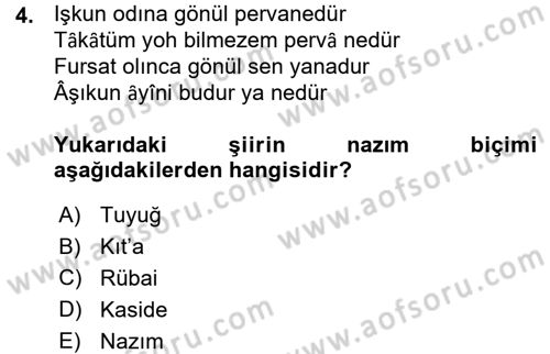 Eski Türk Edebiyatına Giriş: Biçim ve Ölçü Dersi Ara Sınavı Deneme Sınav Soruları 4. Soru