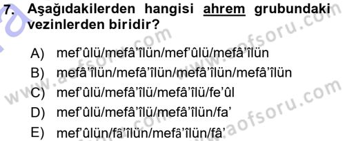 Eski Türk Edebiyatına Giriş: Biçim ve Ölçü Dersi 2015 - 2016 Yılı (Vize) Ara Sınav Soruları 7. Soru