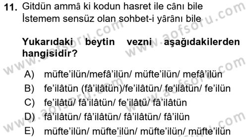 Eski Türk Edebiyatına Giriş: Biçim ve Ölçü Dersi 2015 - 2016 Yılı (Final) Dönem Sonu Sınav Soruları 11. Soru