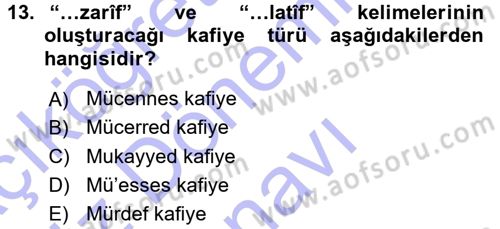 Eski Türk Edebiyatına Giriş: Biçim ve Ölçü Dersi 2015 - 2016 Yılı (Final) Dönem Sonu Sınav Soruları 13. Soru