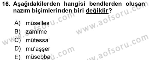Eski Türk Edebiyatına Giriş: Biçim ve Ölçü Dersi Ara Sınavı Deneme Sınav Soruları 16. Soru