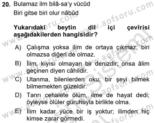 Eski Türk Edebiyatına Giriş: Biçim ve Ölçü Dersi Ara Sınavı Deneme Sınav Soruları 20. Soru