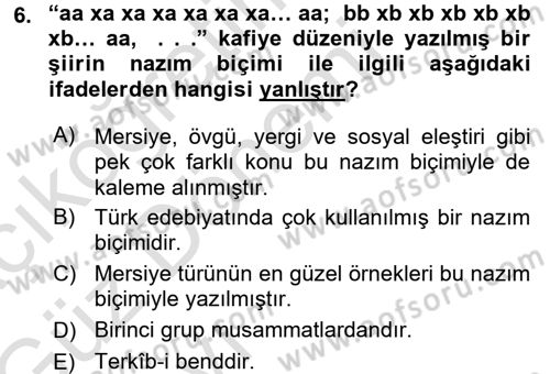 Eski Türk Edebiyatına Giriş: Biçim ve Ölçü Dersi Ara Sınavı Deneme Sınav Soruları 6. Soru
