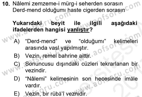 Eski Türk Edebiyatına Giriş: Biçim ve Ölçü Dersi 2016 - 2017 Yılı (Final) Dönem Sonu Sınav Soruları 10. Soru