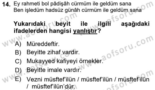 Eski Türk Edebiyatına Giriş: Biçim ve Ölçü Dersi 2016 - 2017 Yılı (Final) Dönem Sonu Sınav Soruları 14. Soru