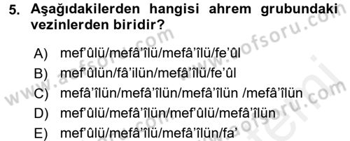 Eski Türk Edebiyatına Giriş: Biçim ve Ölçü Dersi 2016 - 2017 Yılı (Final) Dönem Sonu Sınav Soruları 5. Soru