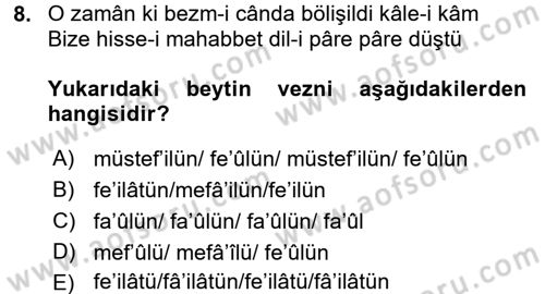 Eski Türk Edebiyatına Giriş: Biçim ve Ölçü Dersi 2016 - 2017 Yılı (Final) Dönem Sonu Sınav Soruları 8. Soru