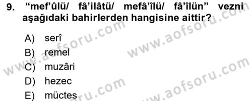 Eski Türk Edebiyatına Giriş: Biçim ve Ölçü Dersi 2016 - 2017 Yılı (Final) Dönem Sonu Sınav Soruları 9. Soru