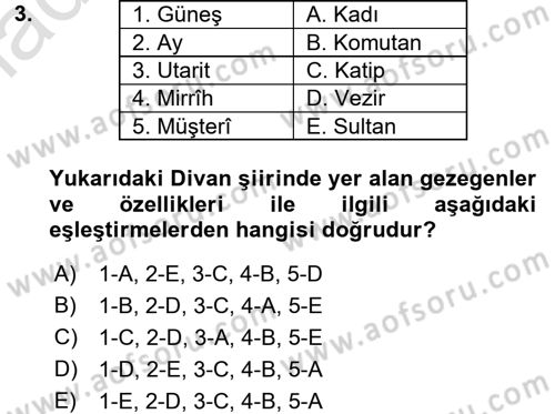 Eski Türk Edebiyatına Giriş: Biçim ve Ölçü Dersi Ara Sınavı Deneme Sınav Soruları 3. Soru