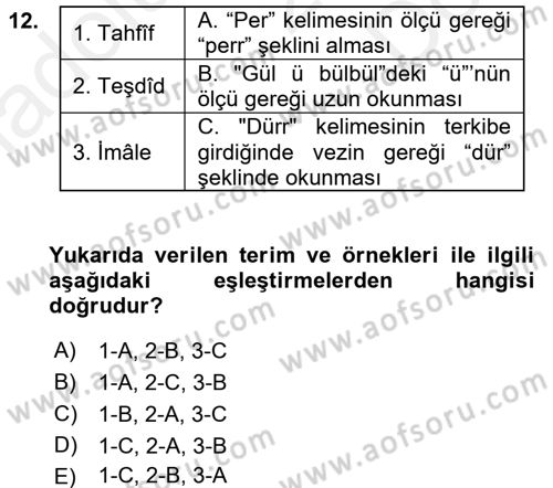 Eski Türk Edebiyatına Giriş: Biçim ve Ölçü Dersi 2017 - 2018 Yılı (Final) Dönem Sonu Sınav Soruları 12. Soru