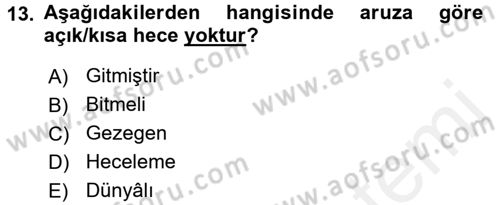 Eski Türk Edebiyatına Giriş: Biçim ve Ölçü Dersi 2017 - 2018 Yılı (Final) Dönem Sonu Sınav Soruları 13. Soru