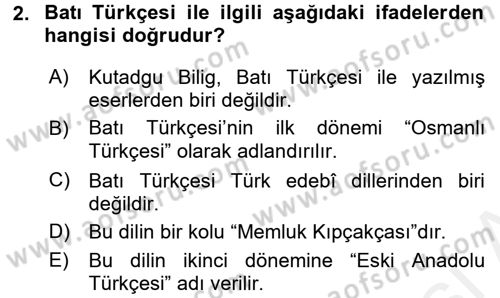 Eski Türk Edebiyatına Giriş: Biçim ve Ölçü Dersi 2017 - 2018 Yılı (Final) Dönem Sonu Sınav Soruları 2. Soru