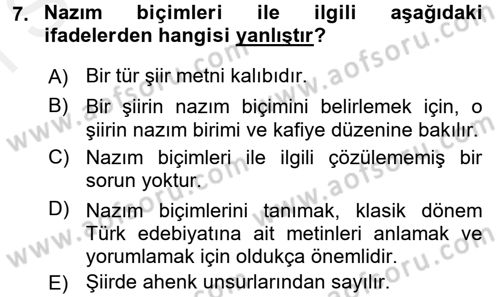 Eski Türk Edebiyatına Giriş: Biçim ve Ölçü Dersi 2017 - 2018 Yılı (Final) Dönem Sonu Sınav Soruları 7. Soru