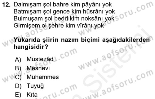 Eski Türk Edebiyatına Giriş: Biçim ve Ölçü Dersi Ara Sınavı Deneme Sınav Soruları 12. Soru