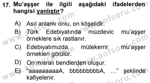 Eski Türk Edebiyatına Giriş: Biçim ve Ölçü Dersi Ara Sınavı Deneme Sınav Soruları 17. Soru