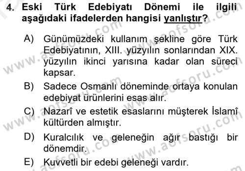 Eski Türk Edebiyatına Giriş: Biçim ve Ölçü Dersi 2018 - 2019 Yılı (Vize) Ara Sınav Soruları 4. Soru