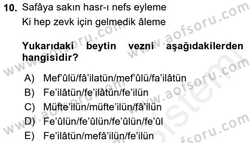 Eski Türk Edebiyatına Giriş: Biçim ve Ölçü Dersi 2018 - 2019 Yılı (Final) Dönem Sonu Sınav Soruları 10. Soru