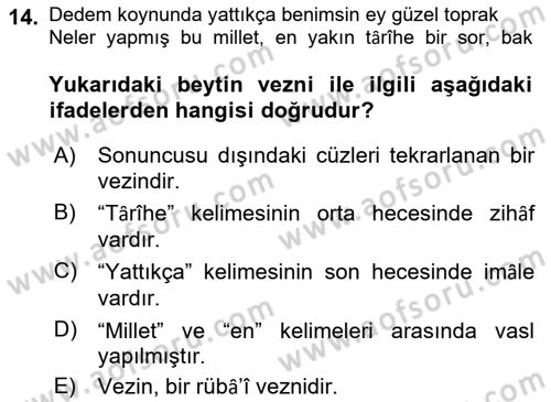 Eski Türk Edebiyatına Giriş: Biçim ve Ölçü Dersi 2018 - 2019 Yılı (Final) Dönem Sonu Sınav Soruları 14. Soru