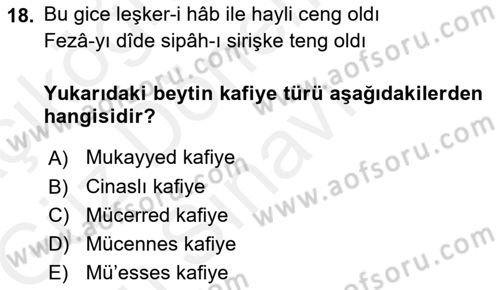 Eski Türk Edebiyatına Giriş: Biçim ve Ölçü Dersi 2018 - 2019 Yılı (Final) Dönem Sonu Sınav Soruları 18. Soru