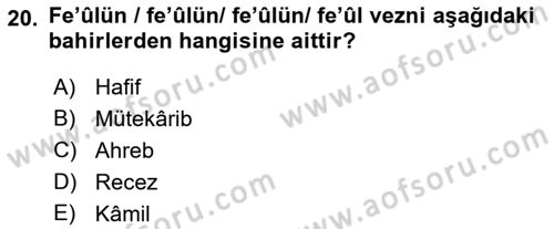 Eski Türk Edebiyatına Giriş: Biçim ve Ölçü Dersi 2018 - 2019 Yılı (Final) Dönem Sonu Sınav Soruları 20. Soru
