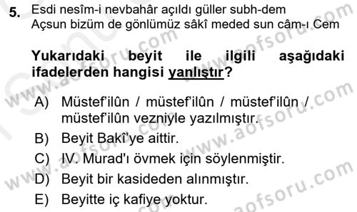 Eski Türk Edebiyatına Giriş: Biçim ve Ölçü Dersi 2018 - 2019 Yılı (Final) Dönem Sonu Sınav Soruları 5. Soru