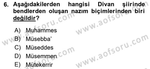 Eski Türk Edebiyatına Giriş: Biçim ve Ölçü Dersi 2018 - 2019 Yılı (Final) Dönem Sonu Sınav Soruları 6. Soru