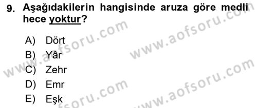 Eski Türk Edebiyatına Giriş: Biçim ve Ölçü Dersi 2018 - 2019 Yılı (Final) Dönem Sonu Sınav Soruları 9. Soru