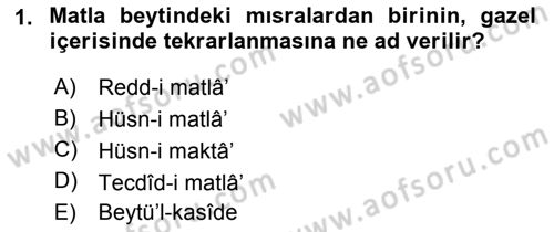 Eski Türk Edebiyatına Giriş: Biçim ve Ölçü Dersi 2018 - 2019 Yılı Yaz Okulu Sınav Soruları 1. Soru