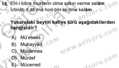 Eski Türk Edebiyatına Giriş: Biçim ve Ölçü Dersi 2018 - 2019 Yılı Yaz Okulu Sınav Soruları 18. Soru