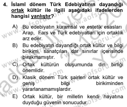 Eski Türk Edebiyatına Giriş: Biçim ve Ölçü Dersi 2018 - 2019 Yılı Yaz Okulu Sınav Soruları 4. Soru