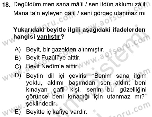 Eski Türk Edebiyatına Giriş: Biçim ve Ölçü Dersi Ara Sınavı Deneme Sınav Soruları 18. Soru