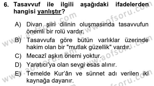 Eski Türk Edebiyatına Giriş: Biçim ve Ölçü Dersi Ara Sınavı Deneme Sınav Soruları 6. Soru