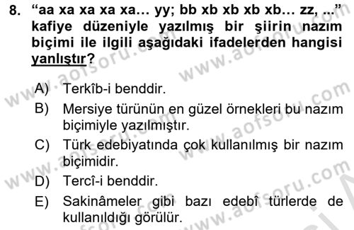 Eski Türk Edebiyatına Giriş: Biçim ve Ölçü Dersi Ara Sınavı Deneme Sınav Soruları 8. Soru