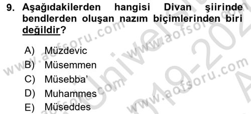 Eski Türk Edebiyatına Giriş: Biçim ve Ölçü Dersi Ara Sınavı Deneme Sınav Soruları 9. Soru
