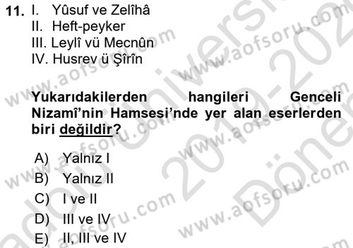 Eski Türk Edebiyatına Giriş: Biçim ve Ölçü Dersi 2019 - 2020 Yılı (Final) Dönem Sonu Sınav Soruları 11. Soru