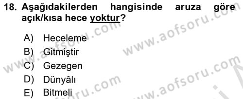 Eski Türk Edebiyatına Giriş: Biçim ve Ölçü Dersi 2019 - 2020 Yılı (Final) Dönem Sonu Sınav Soruları 18. Soru