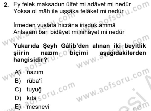 Eski Türk Edebiyatına Giriş: Biçim ve Ölçü Dersi 2019 - 2020 Yılı (Final) Dönem Sonu Sınav Soruları 2. Soru