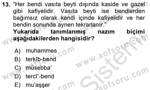 Eski Türk Edebiyatına Giriş: Biçim ve Ölçü Dersi 2020 - 2021 Yılı Yaz Okulu Sınav Soruları 13. Soru