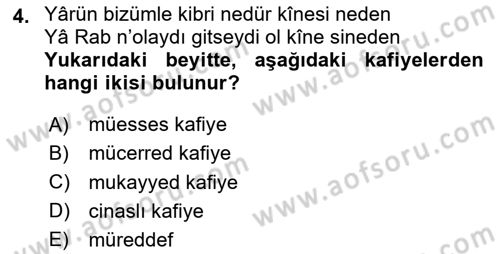 Eski Türk Edebiyatına Giriş: Biçim ve Ölçü Dersi 2020 - 2021 Yılı Yaz Okulu Sınav Soruları 4. Soru
