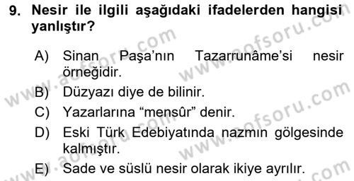 Eski Türk Edebiyatına Giriş: Biçim ve Ölçü Dersi 2020 - 2021 Yılı Yaz Okulu Sınav Soruları 9. Soru