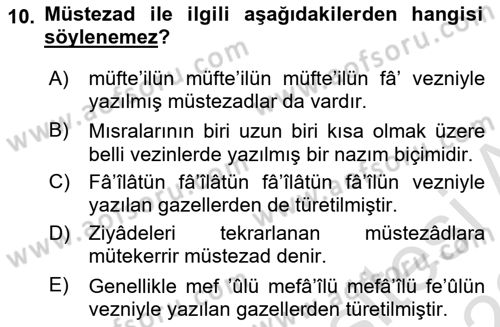 Eski Türk Edebiyatına Giriş: Biçim ve Ölçü Dersi 2021 - 2022 Yılı (Vize) Ara Sınav Soruları 10. Soru