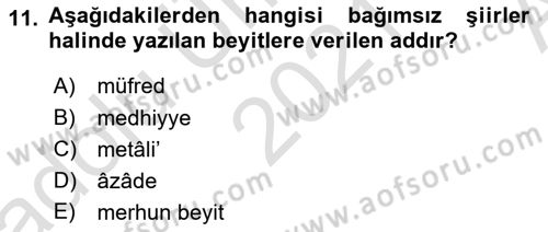 Eski Türk Edebiyatına Giriş: Biçim ve Ölçü Dersi 2021 - 2022 Yılı (Vize) Ara Sınav Soruları 11. Soru