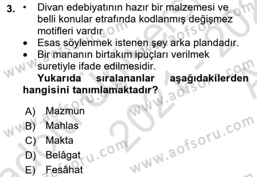 Eski Türk Edebiyatına Giriş: Biçim ve Ölçü Dersi 2021 - 2022 Yılı (Vize) Ara Sınav Soruları 3. Soru