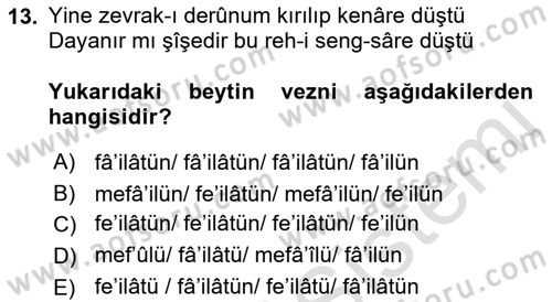 Eski Türk Edebiyatına Giriş: Biçim ve Ölçü Dersi 2021 - 2022 Yılı (Final) Dönem Sonu Sınav Soruları 13. Soru