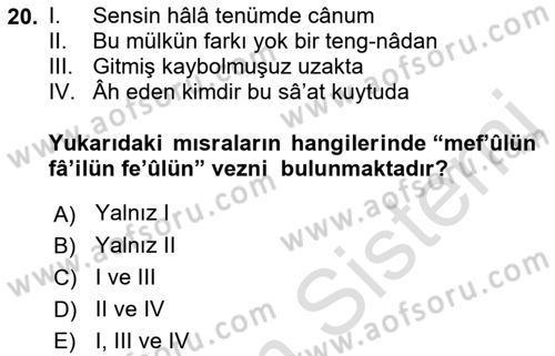Eski Türk Edebiyatına Giriş: Biçim ve Ölçü Dersi 2021 - 2022 Yılı (Final) Dönem Sonu Sınav Soruları 20. Soru