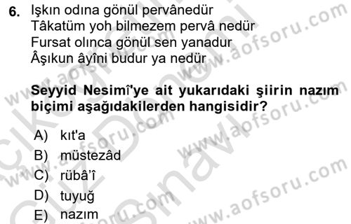 Eski Türk Edebiyatına Giriş: Biçim ve Ölçü Dersi 2021 - 2022 Yılı (Final) Dönem Sonu Sınav Soruları 6. Soru